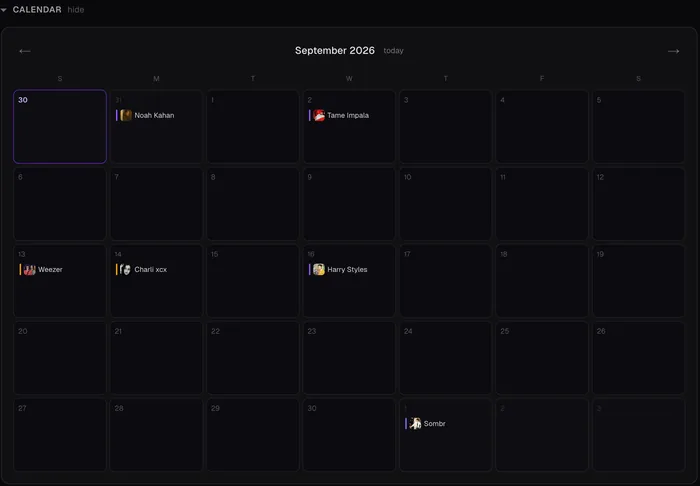 A September calendar grid with Noah Kahan, Tame Impala, Weezer, Charli xcx, Harry Styles and Sombr on their dates.